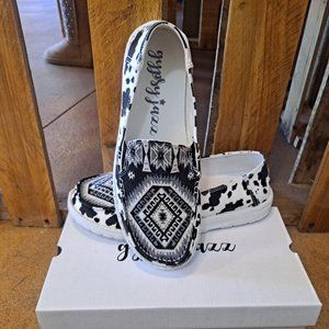 Ladies Gypsy Jazz Black & White Cow Print with Aztec Design on Top